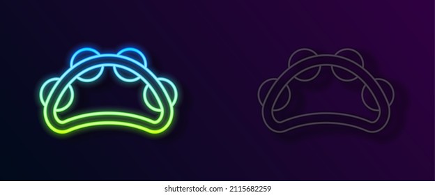 Glowing neon line Musical instrument percussion tambourine, with metal plates icon isolated on black background.  Vector