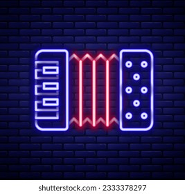 Glowing neon line Musical instrument accordion icon isolated on brick wall background. Classical bayan, harmonic. Colorful outline concept. Vector