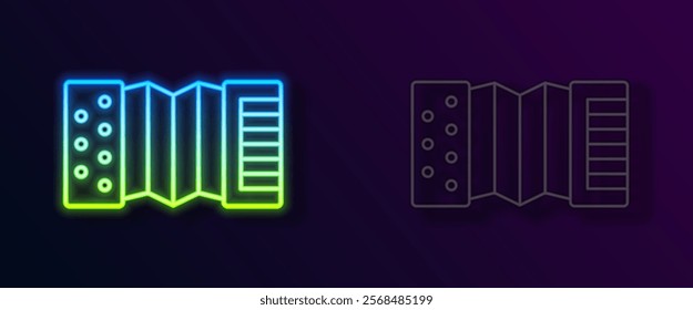 Glowing neon line Musical instrument accordion icon isolated on black background. Classical bayan, harmonic.  Vector