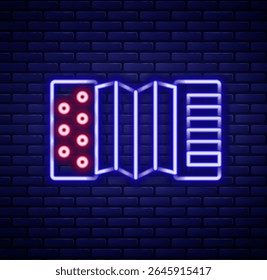 Linha de neon brilhante Ícone de acordeão de instrumento musical isolado no fundo da parede de tijolo. Bayan clássico, harmônico. Conceito de contorno colorido. Vetor
