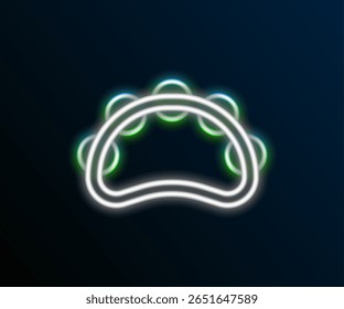 Linha de neon brilhante Instrumento musical pandeiro de percussão, com placas de metal ícone isolado no fundo preto. Conceito de contorno colorido. Vetor