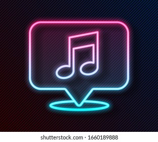 Glowing neon line Musical note in speech bubble icon isolated on black background. Music and sound concept.  Vector Illustration