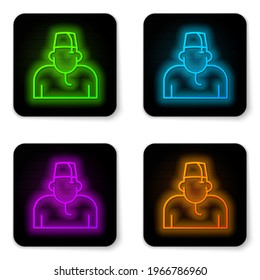 Glowing neon line Muslim man icon isolated on white background. Black square button. Vector