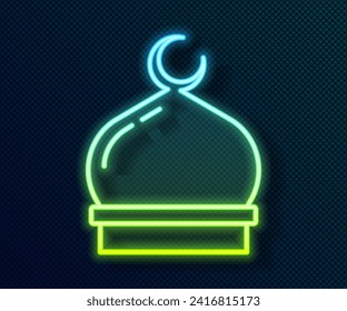 Glowing neon line Muslim Mosque icon isolated on black background.  Vector