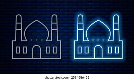 Glowing neon line Muslim Mosque icon isolated on brick wall background.  Vector