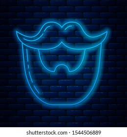 Glowing neon line Mustache and beard icon isolated on brick wall background. Barbershop symbol. Facial hair style.  Vector Illustration