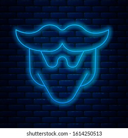 Glowing neon line Mustache and beard icon isolated on brick wall background. Barbershop symbol. Facial hair style.  Vector Illustration