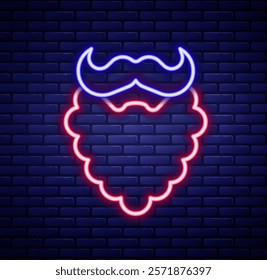 Glowing neon line Mustache and beard icon isolated on brick wall background. Barbershop symbol. Facial hair style. Colorful outline concept. Vector