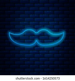 Glowing neon line Mustache icon isolated on brick wall background. Barbershop symbol. Facial hair style.  Vector Illustration