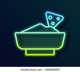 Glowing neon line Nachos in bowl icon isolated on black background. Tortilla chips or nachos tortillas. Traditional mexican fast food menu.  Vector