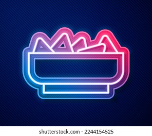 Glowing neon line Nachos in bowl icon isolated on blue background. Tortilla chips or nachos tortillas. Traditional mexican fast food menu.  Vector