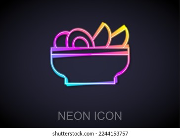 Glowing neon line Nachos in plate icon isolated on black background. Tortilla chips or nachos tortillas. Traditional mexican fast food menu.  Vector