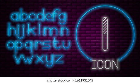 Glowing neon line Nail file icon isolated on brick wall background. Manicure tool. Neon light alphabet. Vector Illustration