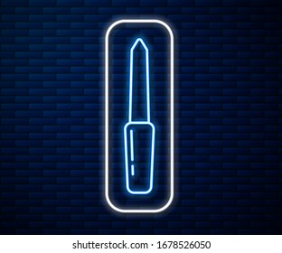 Glowing neon line Nail file icon isolated on brick wall background. Manicure tool.  Vector Illustration