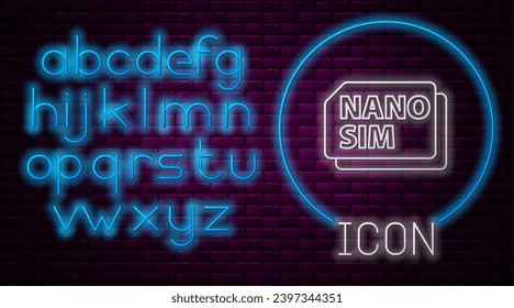 Glowing neon line Nano Sim Card icon isolated on brick wall background. Mobile and wireless communication technologies. Network chip electronic connection. Neon light alphabet. Vector