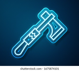 Icono del hacha nativa estadounidense de tomahawk iluminado, aislado en fondo azul.  Ilustración vectorial