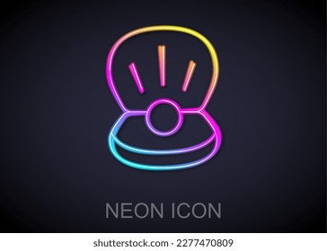 Glowing neon line Natural open shell with pearl icon isolated on black background. Scallop sea shell. Seashell sign.  Vector