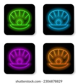 Glowing neon line Natural open shell with pearl icon isolated on white background. Scallop sea shell. Seashell sign. Black square button. Vector