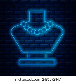 Glowing neon line Necklace on mannequin icon isolated on brick wall background.  Vector