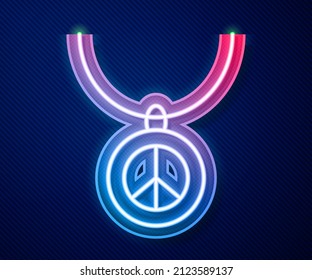 Glowing neon line Necklace with peace symbol icon isolated on blue background. Hippie symbol of peace.  Vector