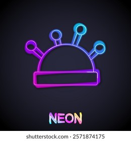 Glowing neon line Needle bed and needles icon isolated on black background. Handmade and sewing theme.  Vector