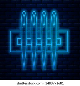 Glowing neon line Needle for sewing icon isolated on brick wall background. Tailor symbol. Textile sew up craft sign. Embroidery tool.  Vector Illustration