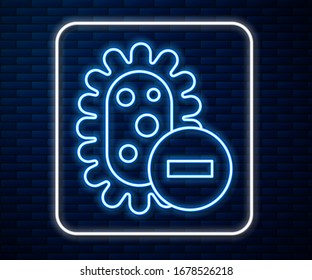 Glowing neon line Negative virus icon isolated on brick wall background. Corona virus 2019-nCoV. Bacteria and germs, cell cancer, microbe, fungi.  Vector Illustration