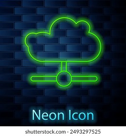 Glowing neon line Network cloud connection icon isolated on brick wall background. Social technology. Cloud computing concept.  Vector