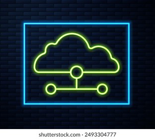 Glowing neon line Network cloud connection icon isolated on brick wall background. Social technology. Cloud computing concept.  Vector