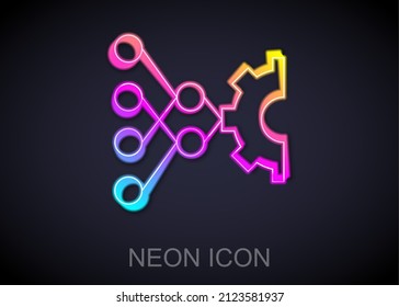 Glowing neon line Neural network icon isolated on black background. Artificial intelligence AI.  Vector