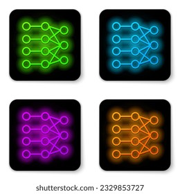 Glowing neon line Neural network icon isolated on white background. Artificial intelligence AI. Black square button. Vector