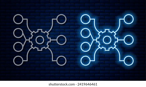 Glowing neon line Neural network icon isolated on brick wall background. Artificial intelligence AI.  Vector