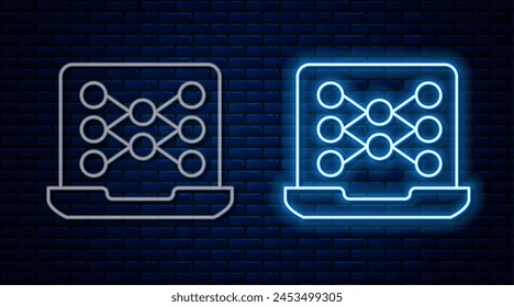 Glowing neon line Neural network icon isolated on brick wall background. Artificial intelligence AI.  Vector