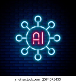 Glowing neon line Neural network icon isolated on brick wall background. Artificial intelligence AI. Colorful outline concept. Vector