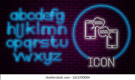 Glowing neon line New chat messages notification on phone icon isolated on brick wall background. Smartphone chatting sms messages speech bubbles. Neon light alphabet. Vector Illustration