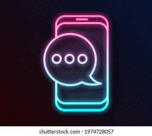 Glowing neon line New chat messages notification on phone icon isolated on black background. Smartphone chatting sms messages speech bubbles.  Vector Illustration