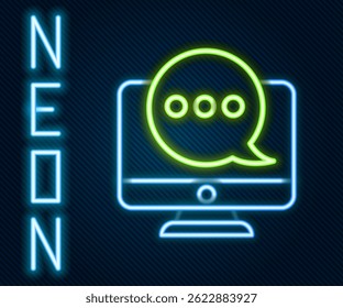 Glowing neon line New chat messages notification on monitor icon isolated on black background. Smartphone chatting sms messages speech bubbles. Colorful outline concept. Vector Illustration