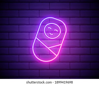 Glowing neon line Newborn baby infant swaddled or swaddling icon isolated on brick wall background. Baby kid child wrapped in blanket clothes. Colorful outline concept. Vector.