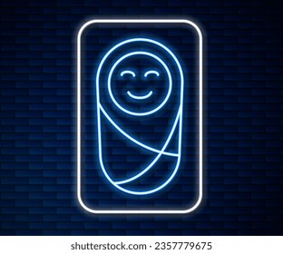 Glowing neon line Newborn baby infant swaddled or swaddling icon isolated on brick wall background. Baby kid child wrapped in blanket clothes.  Vector