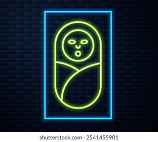 Glowing neon line Newborn baby infant swaddled or swaddling icon isolated on brick wall background. Baby kid child wrapped in blanket clothes.  Vector