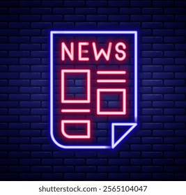 Glowing neon line News icon isolated on brick wall background. Newspaper sign. Mass media symbol. Colorful outline concept. Vector