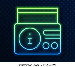 Glowing neon line News on radio channel icon isolated on blue background.  Vector