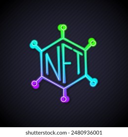 Glowing neon line NFT blockchain technology icon isolated on black background. Non fungible token. Digital crypto art concept.  Vector