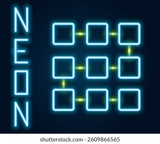 Glowing neon line NFT blockchain technology icon isolated on black background. Non fungible token. Digital crypto art concept. Colorful outline concept. Vector
