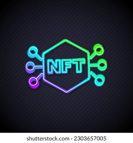 Glowing neon line NFT Digital crypto art icon isolated on black background. Non fungible token.  Vector