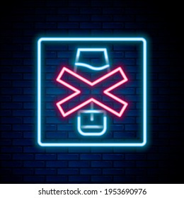 Glowing neon line No alcohol icon isolated on brick wall background. Prohibiting alcohol beverages. Forbidden symbol with beer bottle glass. Colorful outline concept. Vector