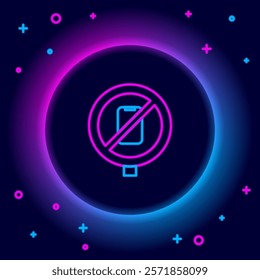 Glowing neon line No cell phone icon isolated on black background. No talking and calling sign. Cell prohibition. Colorful outline concept. Vector