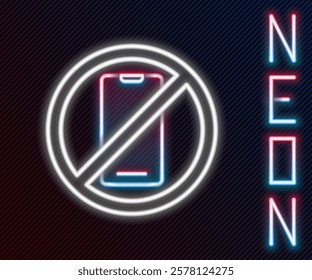 Glowing neon line No cell phone icon isolated on black background. No talking and calling sign. Cell prohibition. Colorful outline concept. Vector Illustration