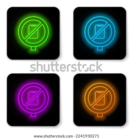 Glowing neon line No cell phone icon isolated on white background. No talking and calling sign. Cell prohibition. Black square button. Vector