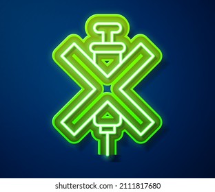 Glowing neon line No doping syringe icon isolated on blue background.  Vector